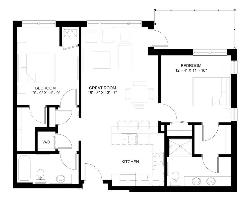 Floor plan for 2 beds, 2 baths, 1059 sqft